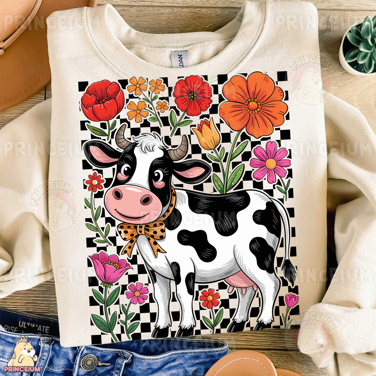 a shirt with a cow and flowers on it