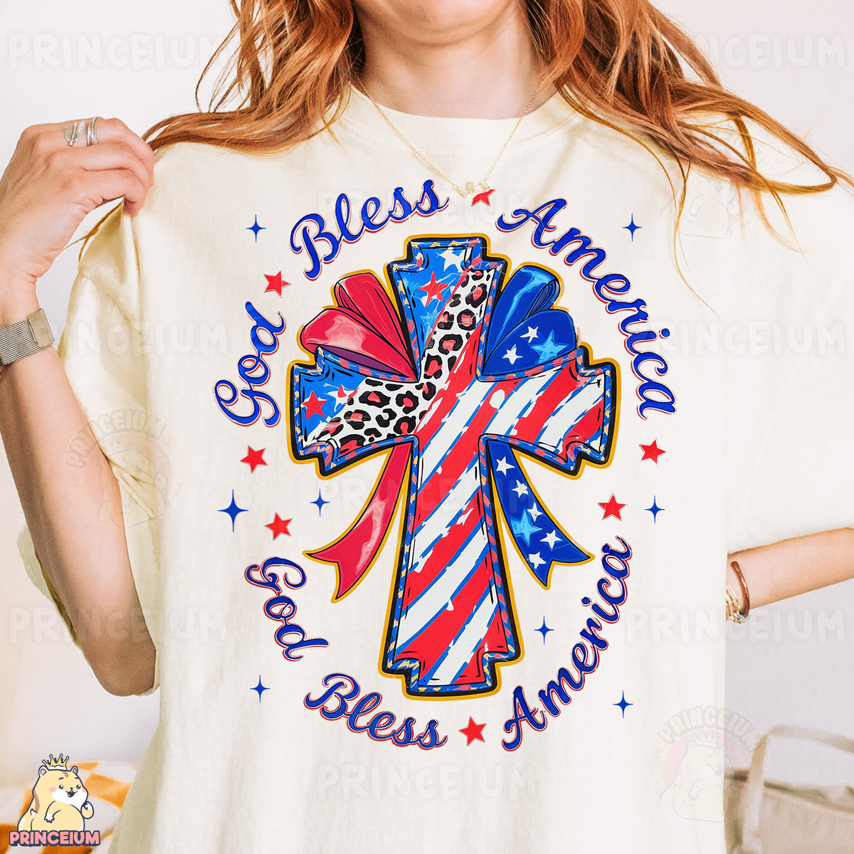 a woman wearing a t - shirt with a cross on it