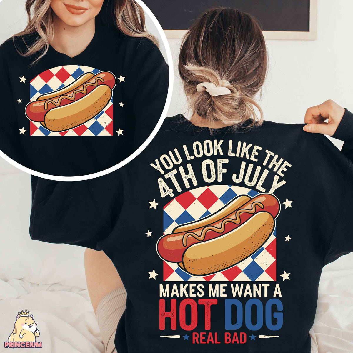 a woman wearing a black shirt with a hot dog on it