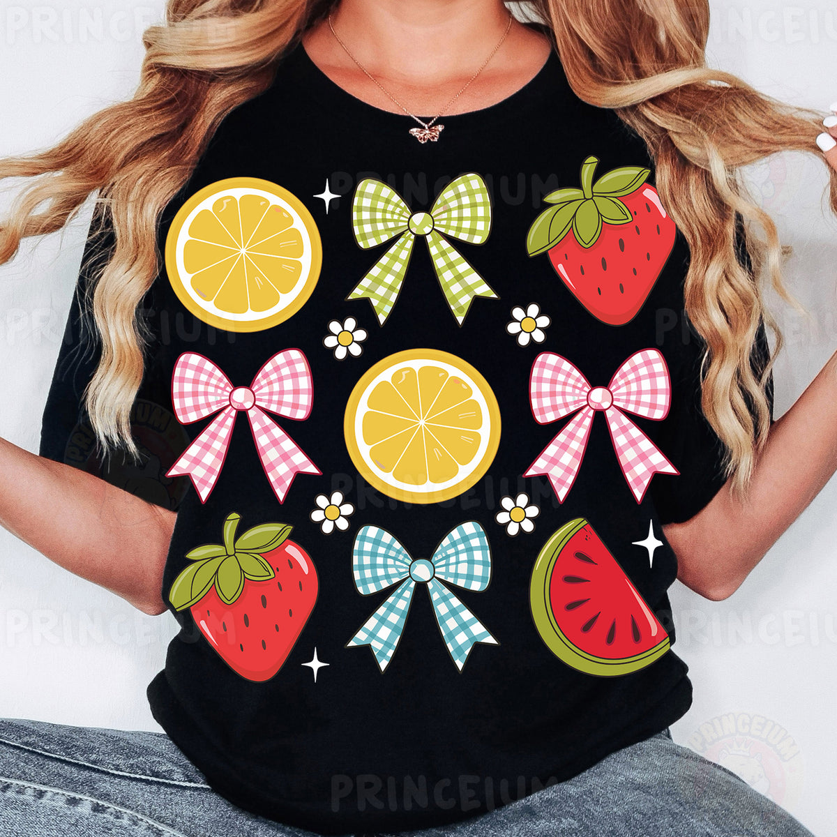 a woman wearing a black shirt with fruit and bows on it