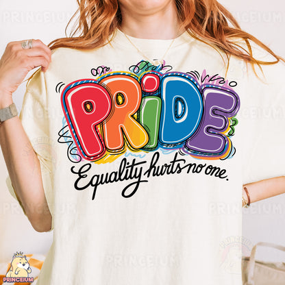 a woman wearing a t - shirt that says pride