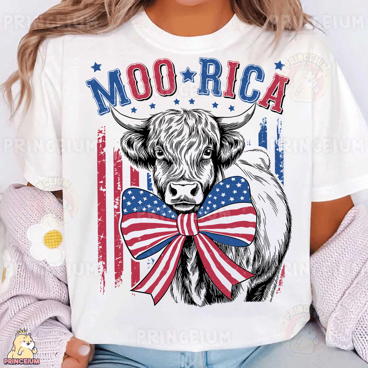 a woman wearing a white shirt with a cow wearing a bow tie