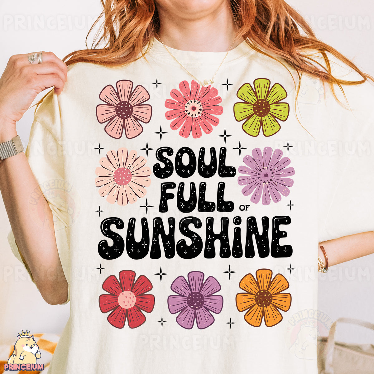 a woman wearing a t - shirt that says soul full of sunshine