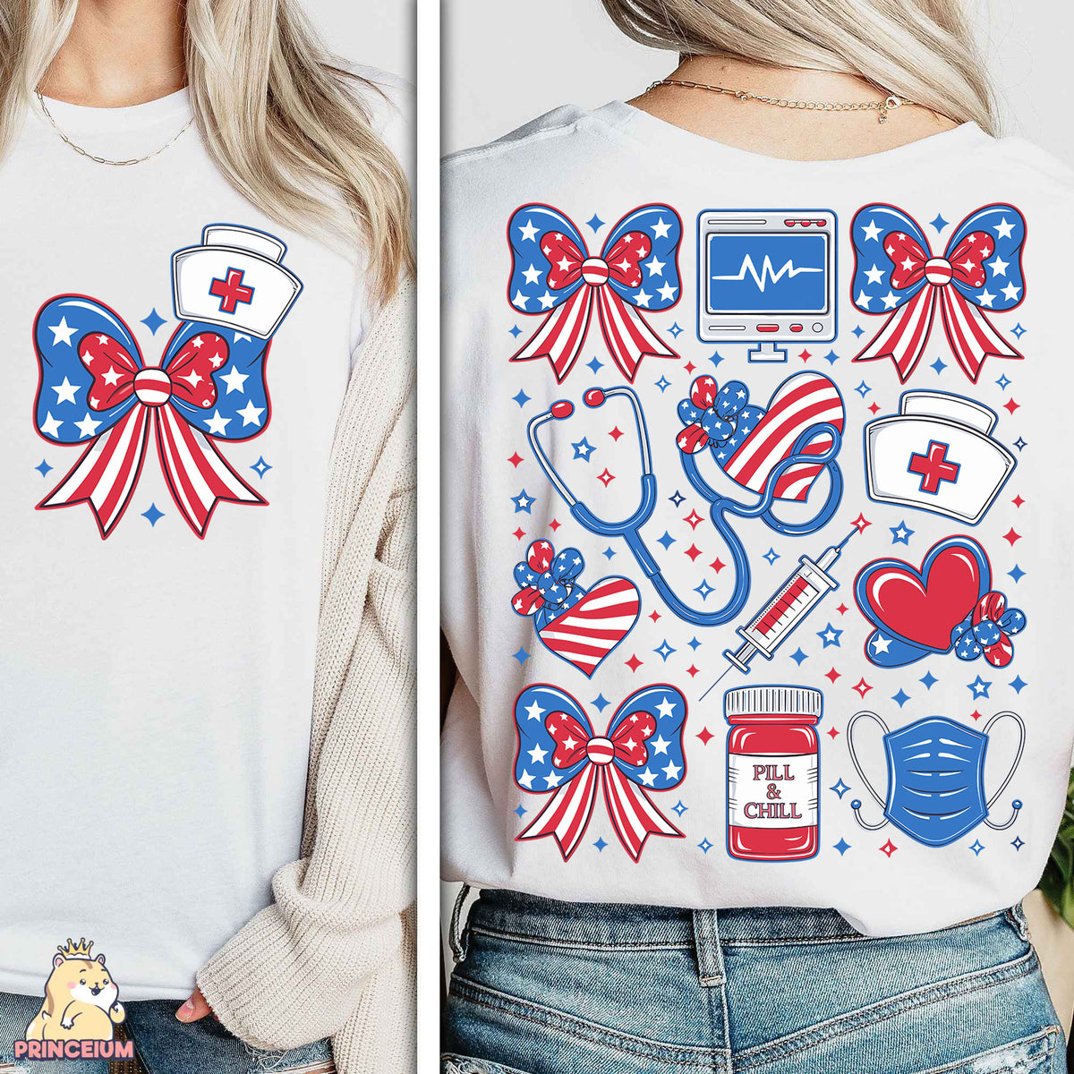a woman wearing a white shirt with red, white, and blue designs on it