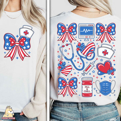 a woman wearing a white shirt with red, white, and blue designs on it