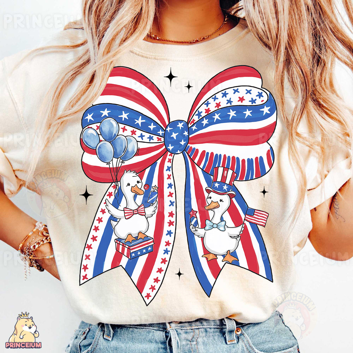 a woman wearing a patriotic bow t - shirt