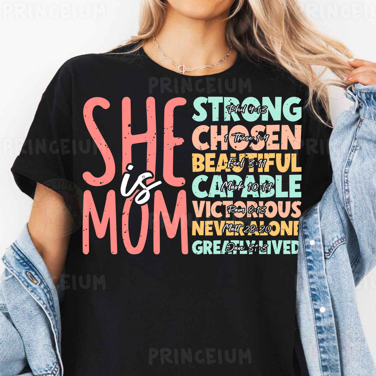 a woman wearing a black shirt that says she is a mom