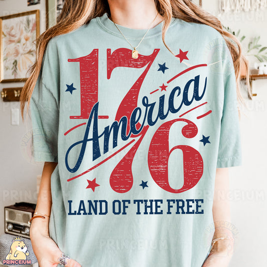 a woman wearing a t - shirt that says america 76 land of the free