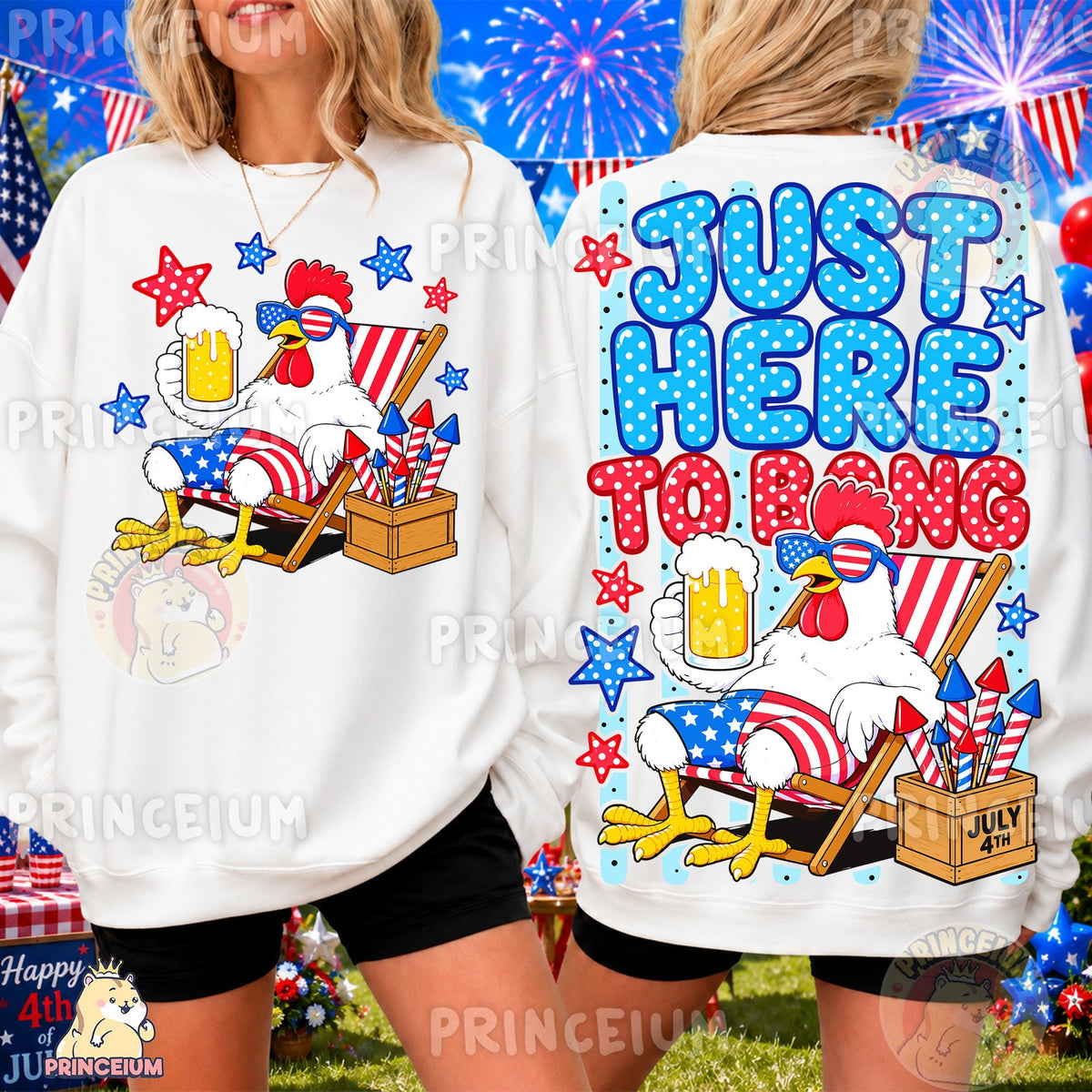 Just Here to Bang Patriotic Chicken Front and Back