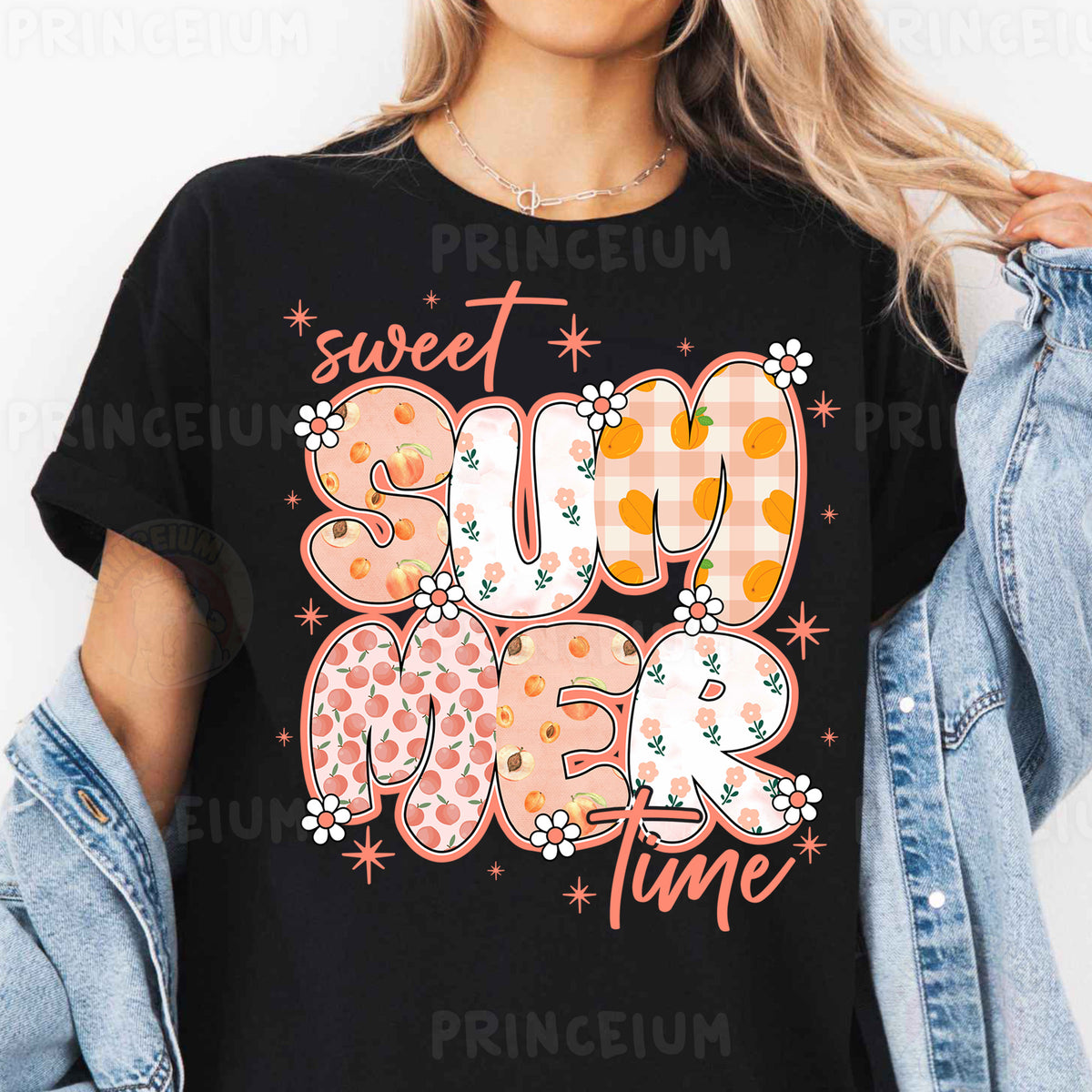 a woman wearing a black shirt that says sweet summer time