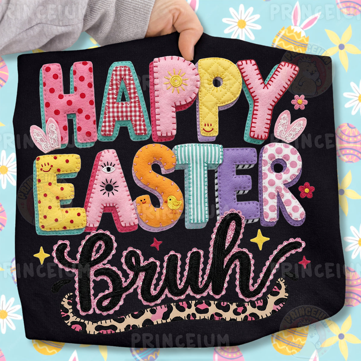Happy Easter Bruh PNG, Patchwork Bunny Lettering Art, Cute Funny Easter Quote Clipart