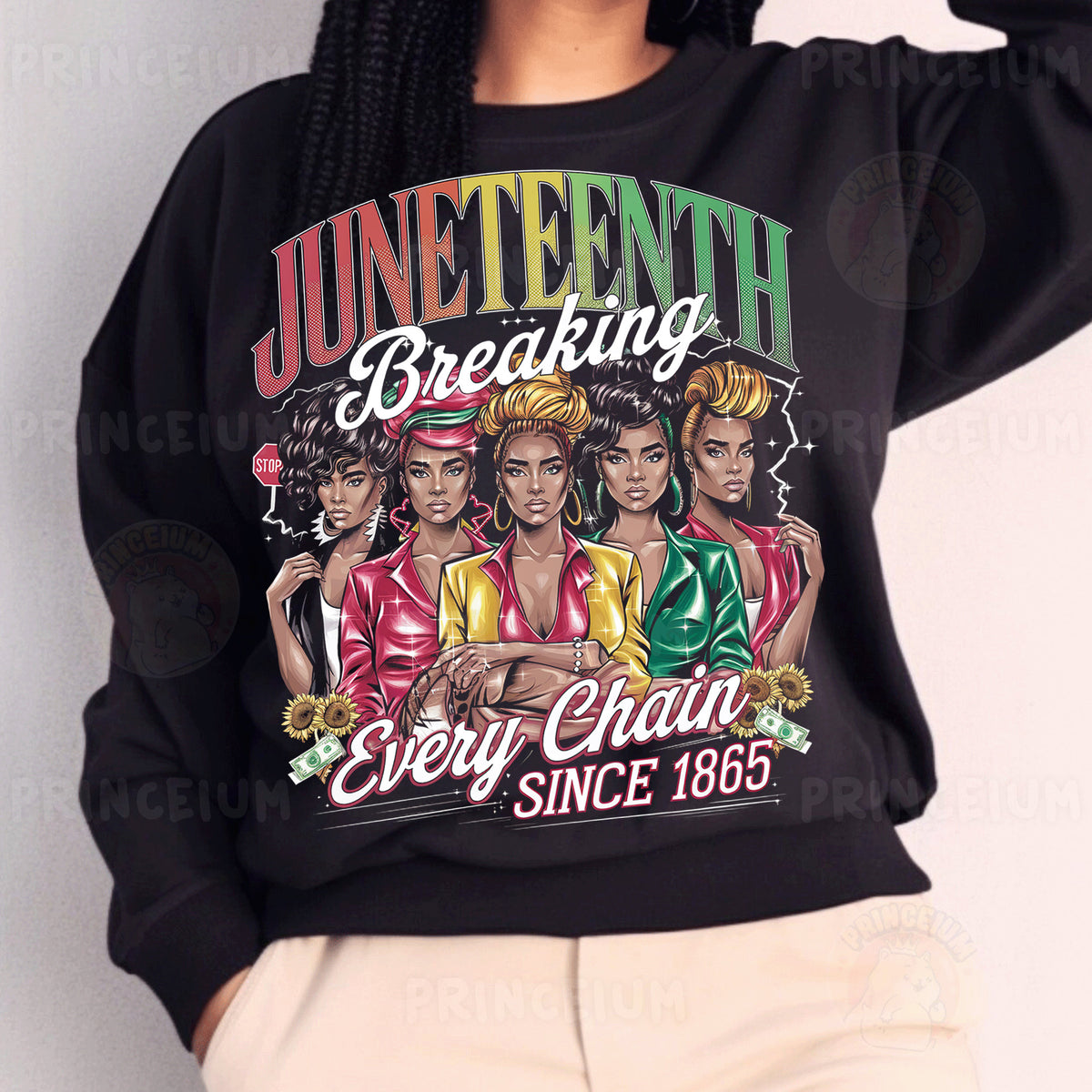a woman wearing a black sweatshirt with a group of women on it