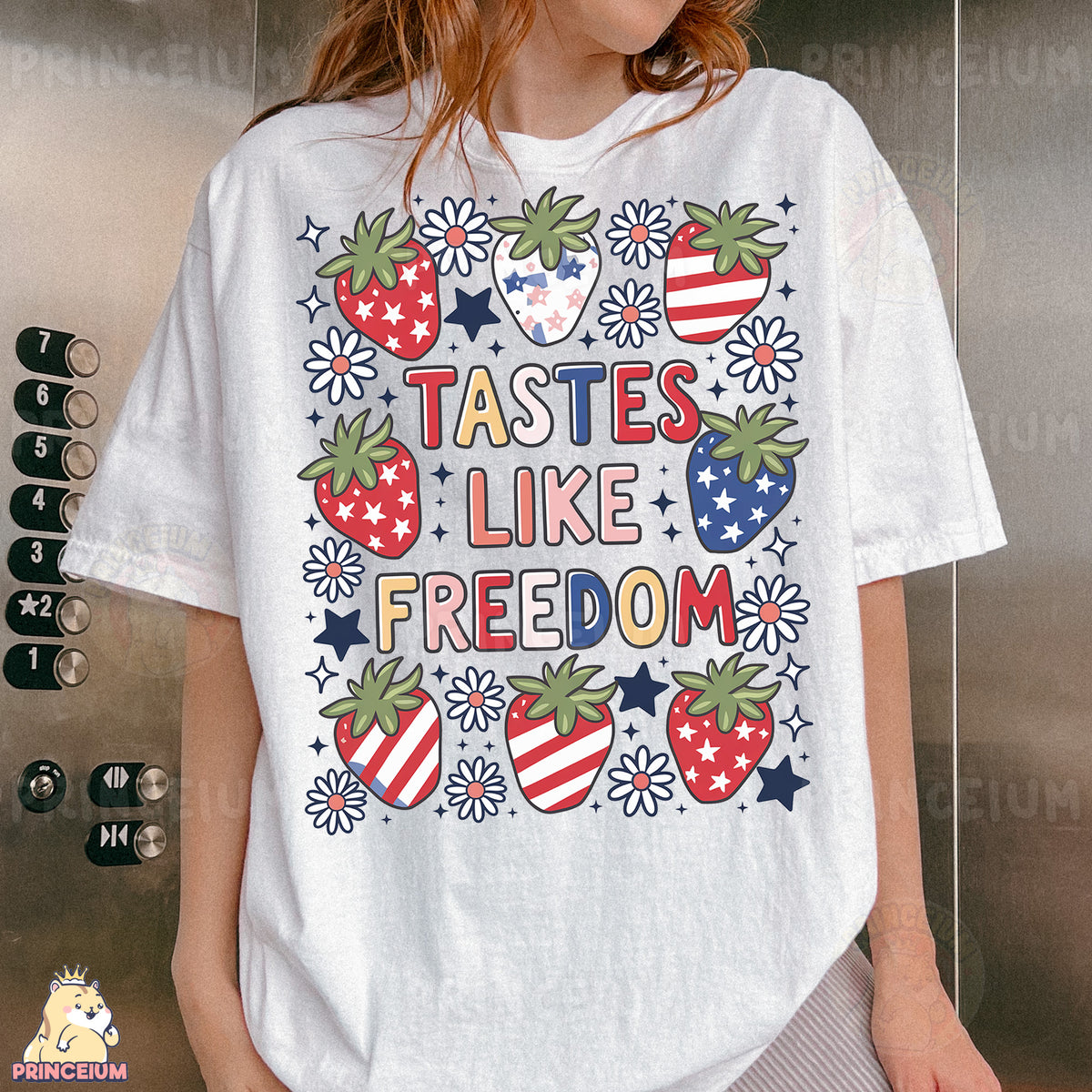 a woman wearing a t - shirt that says tastes like freedom