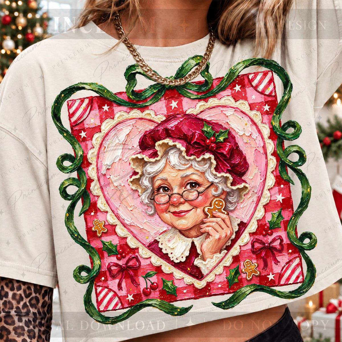 Mrs. Claus Christmas PNG – Pink Heart & Gingerbread Coquette Design | Digital Download