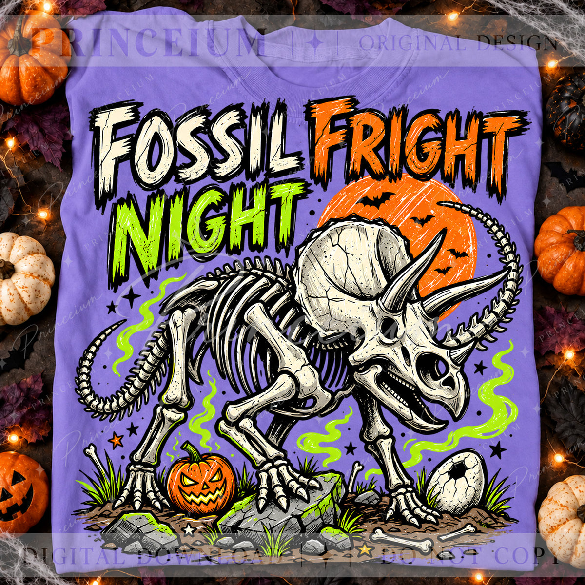 Fossil Fright Night Halloween PNG – Triceratops Skeleton Design | Digital Download