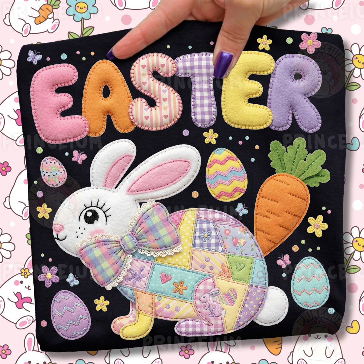 Easter Bunny PNG, Cute Patchwork Rabbit with Eggs and Carrot, Pastel Spring Easter Clipart