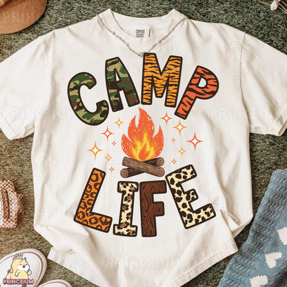 a t - shirt that says camp life with a campfire on it