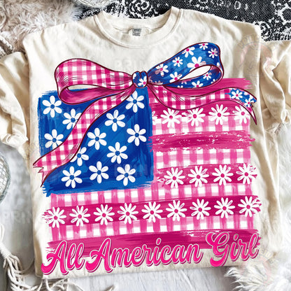 All American Girl Sublimation Design PNG | Patriotic Gingham Flag with Bow Digital Download