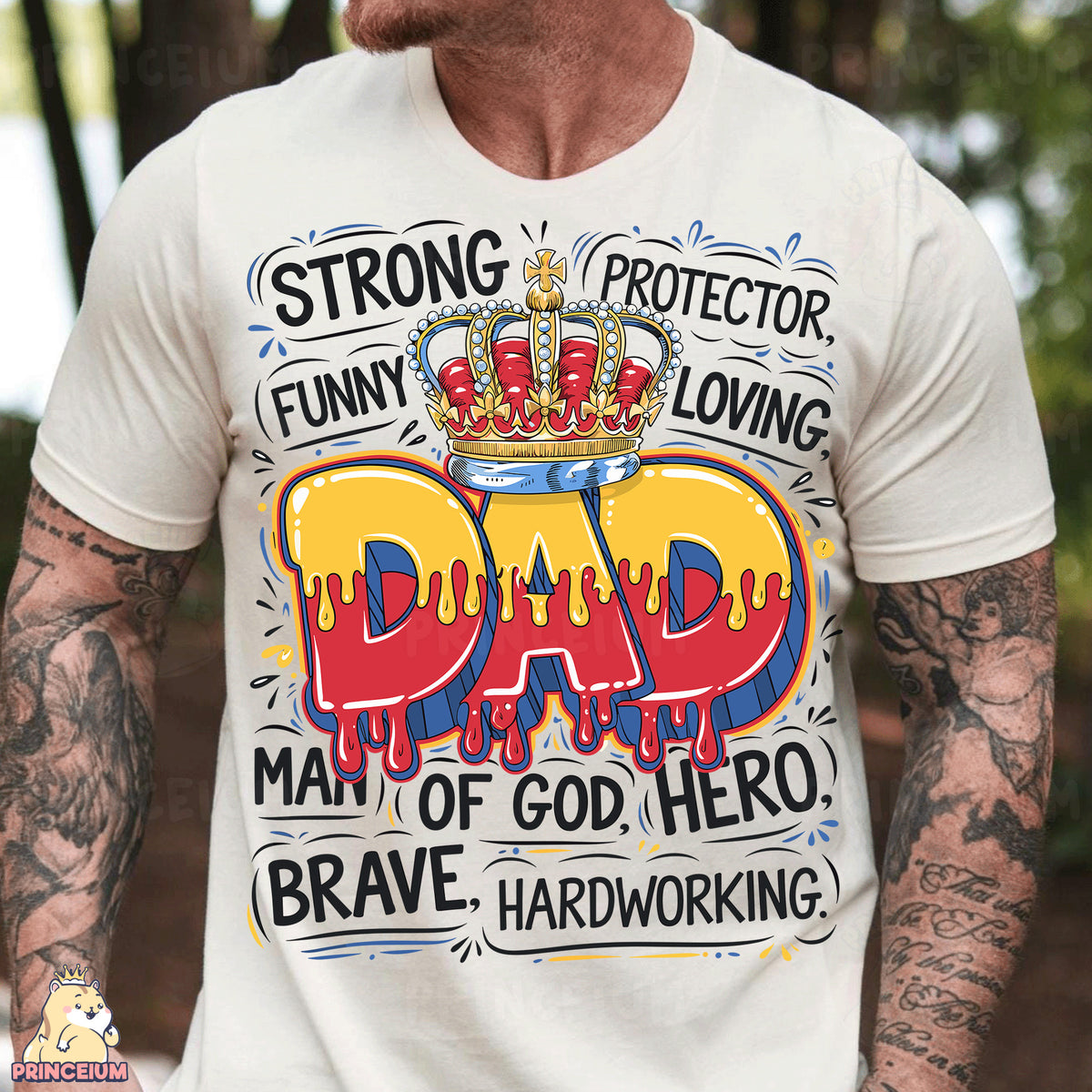 a man wearing a white shirt with a crown on it