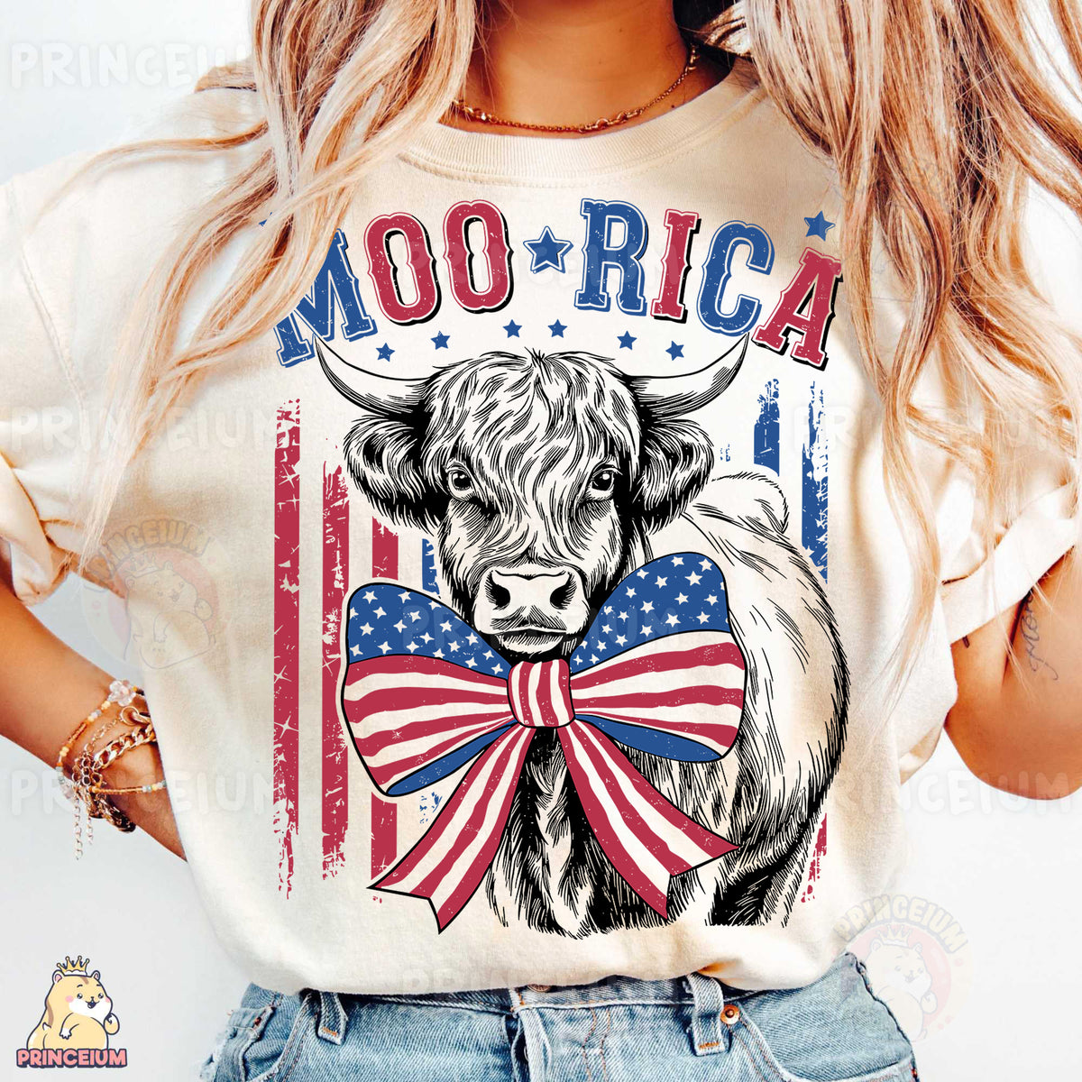 a woman wearing a shirt with a cow wearing a bow tie