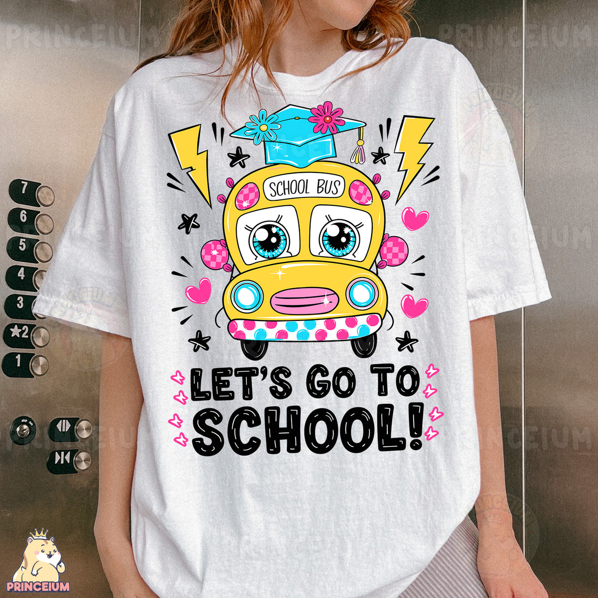 a woman wearing a white tshirt with a school bus on it