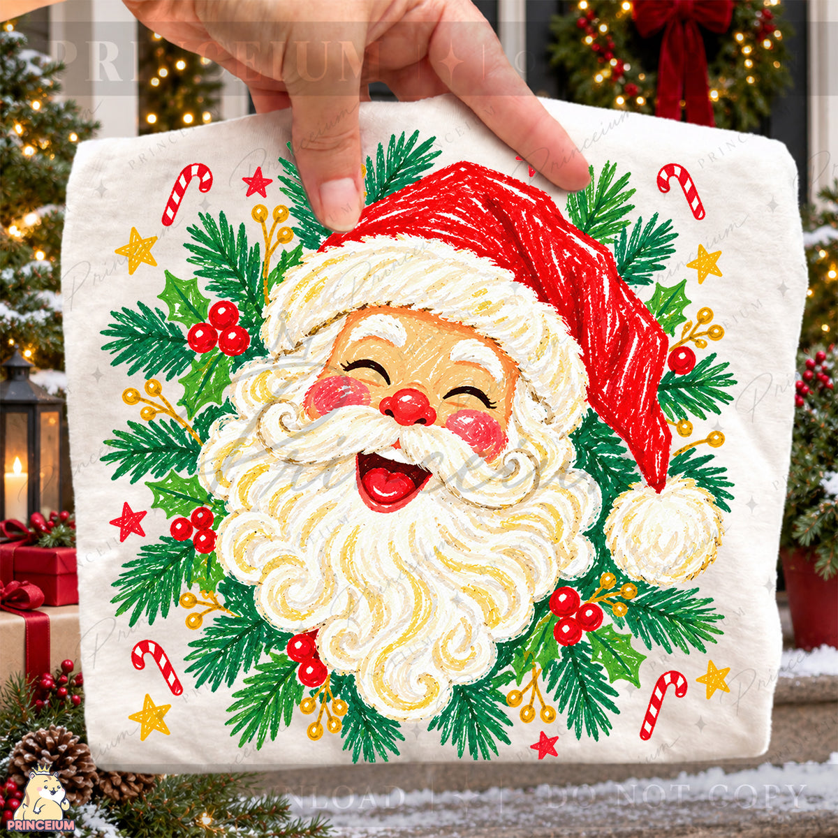 Jolly Santa Christmas PNG – Holly & Candy Cane Holiday Design | Digital Download