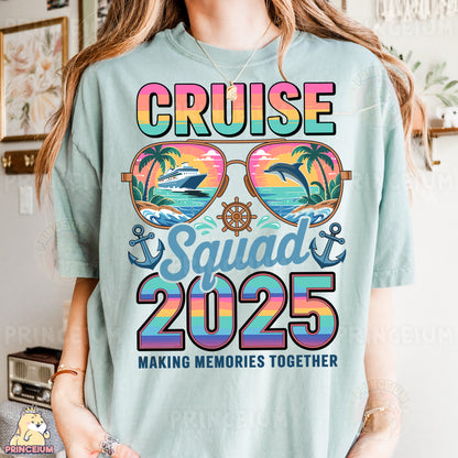 a woman wearing a t - shirt that says cruise squad and 205 making memories together
