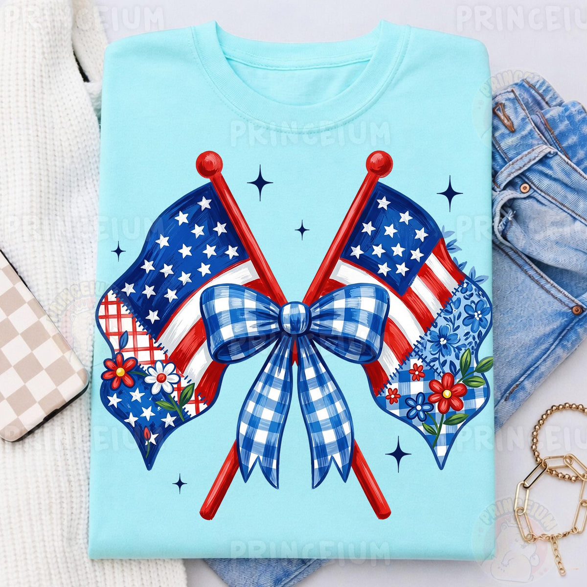 Patriotic Flags & Gingham Bow