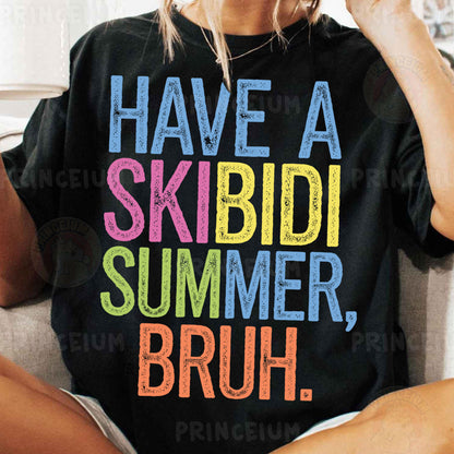 a woman sitting on a couch wearing a t - shirt that says have a sk