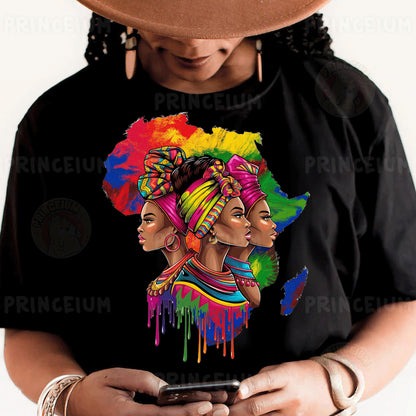 a woman holding a cell phone wearing a t - shirt with a picture of two