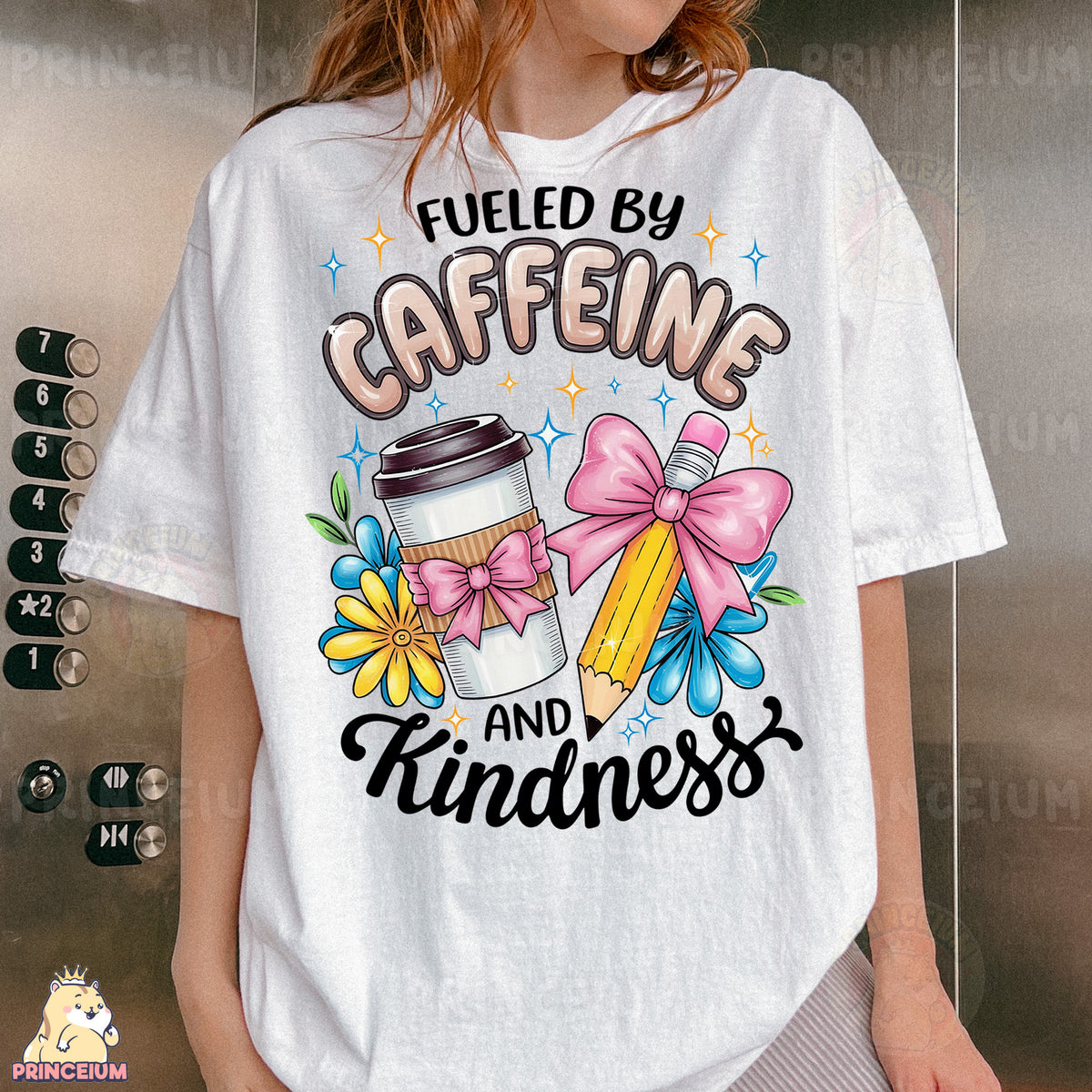 a woman wearing a t - shirt that says fueled by caffeine and kindness