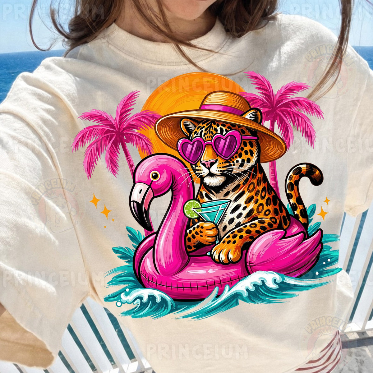 Tropical Leopard on Flamingo Float