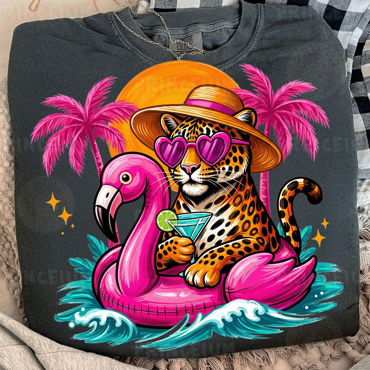 Tropical Leopard on Flamingo Float