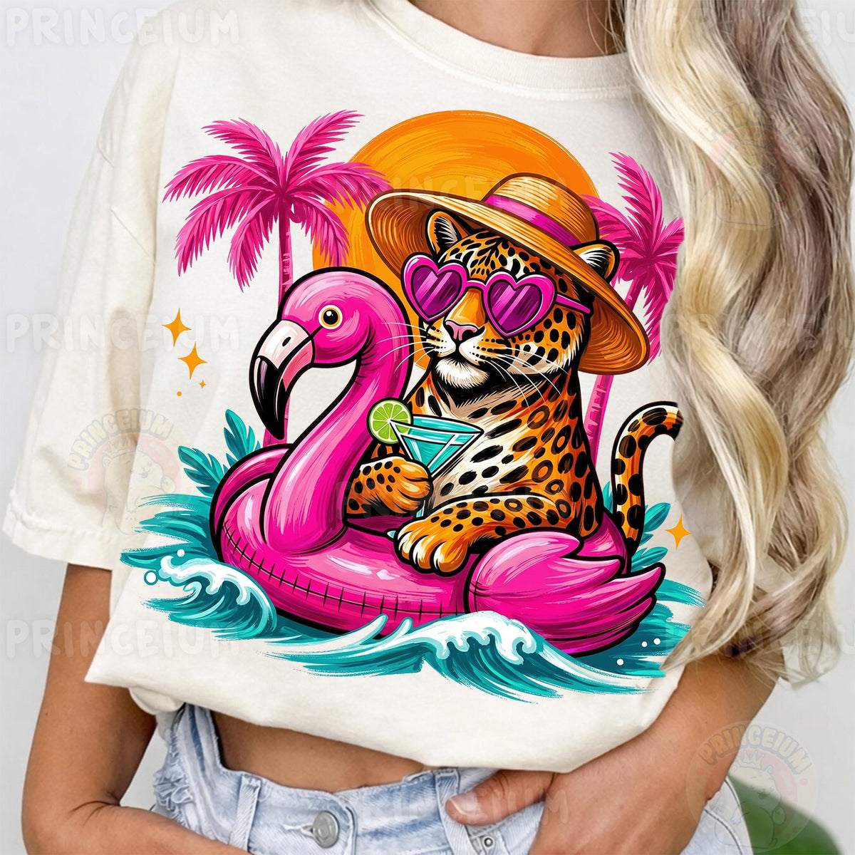 Tropical Leopard on Flamingo Float