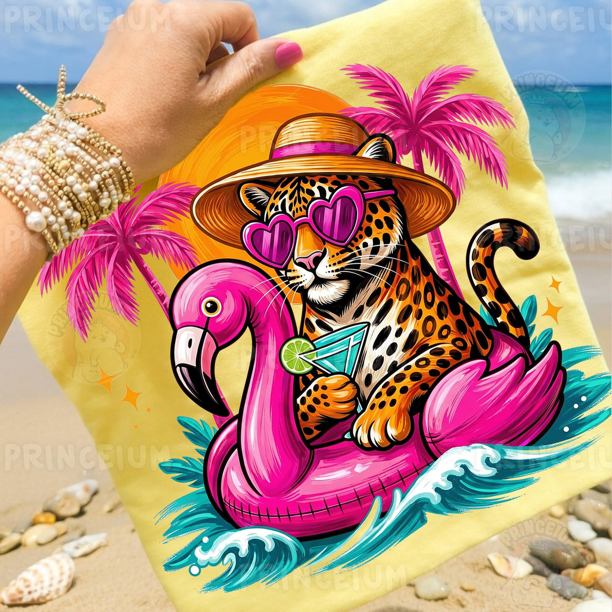 Tropical Leopard on Flamingo Float