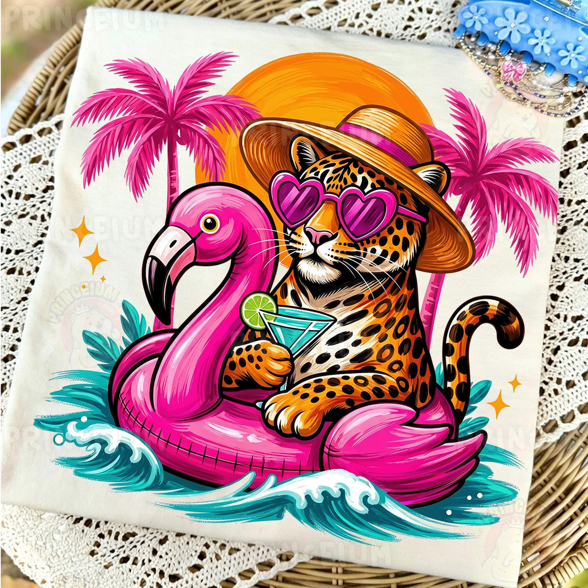 Tropical Leopard on Flamingo Float