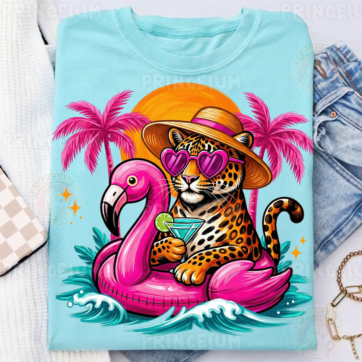 Tropical Leopard on Flamingo Float