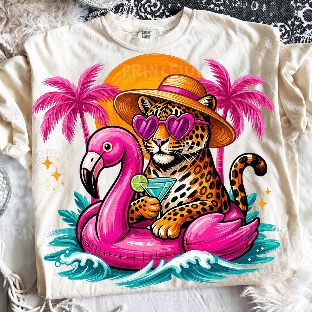 Tropical Leopard on Flamingo Float