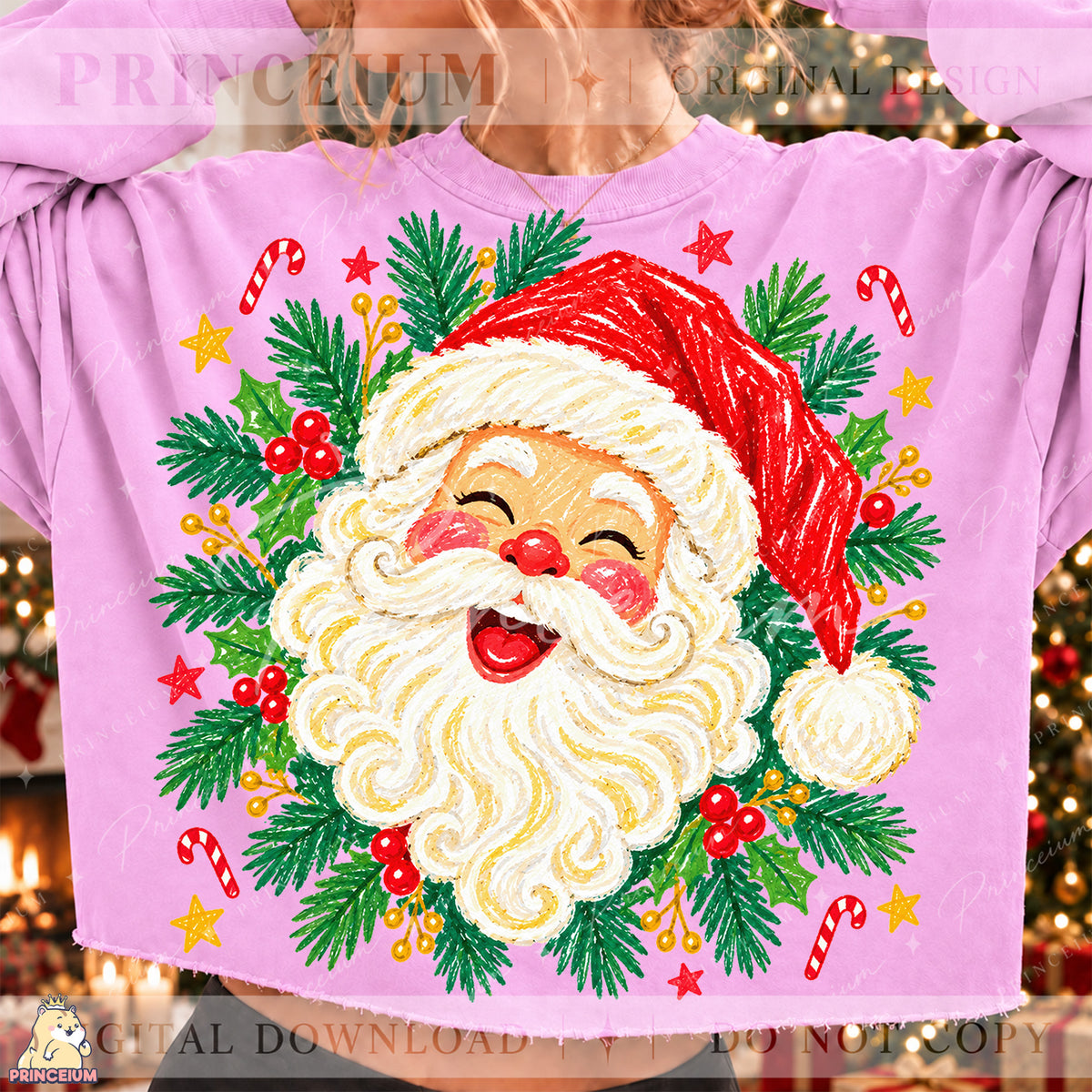 Jolly Santa Christmas PNG – Holly & Candy Cane Holiday Design | Digital Download