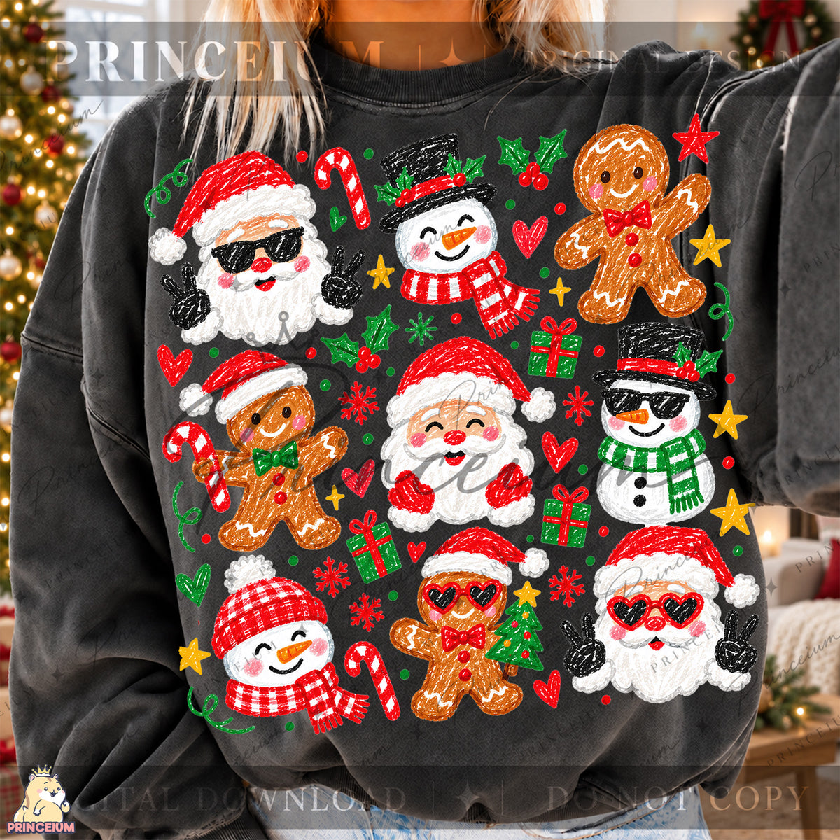 Christmas Doodle PNG – Santa, Snowman & Gingerbread Design  Digital Download