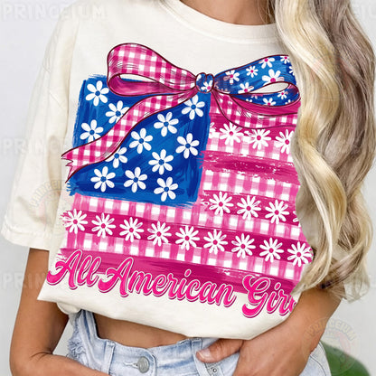 All American Girl Sublimation Design PNG | Patriotic Gingham Flag with Bow Digital Download
