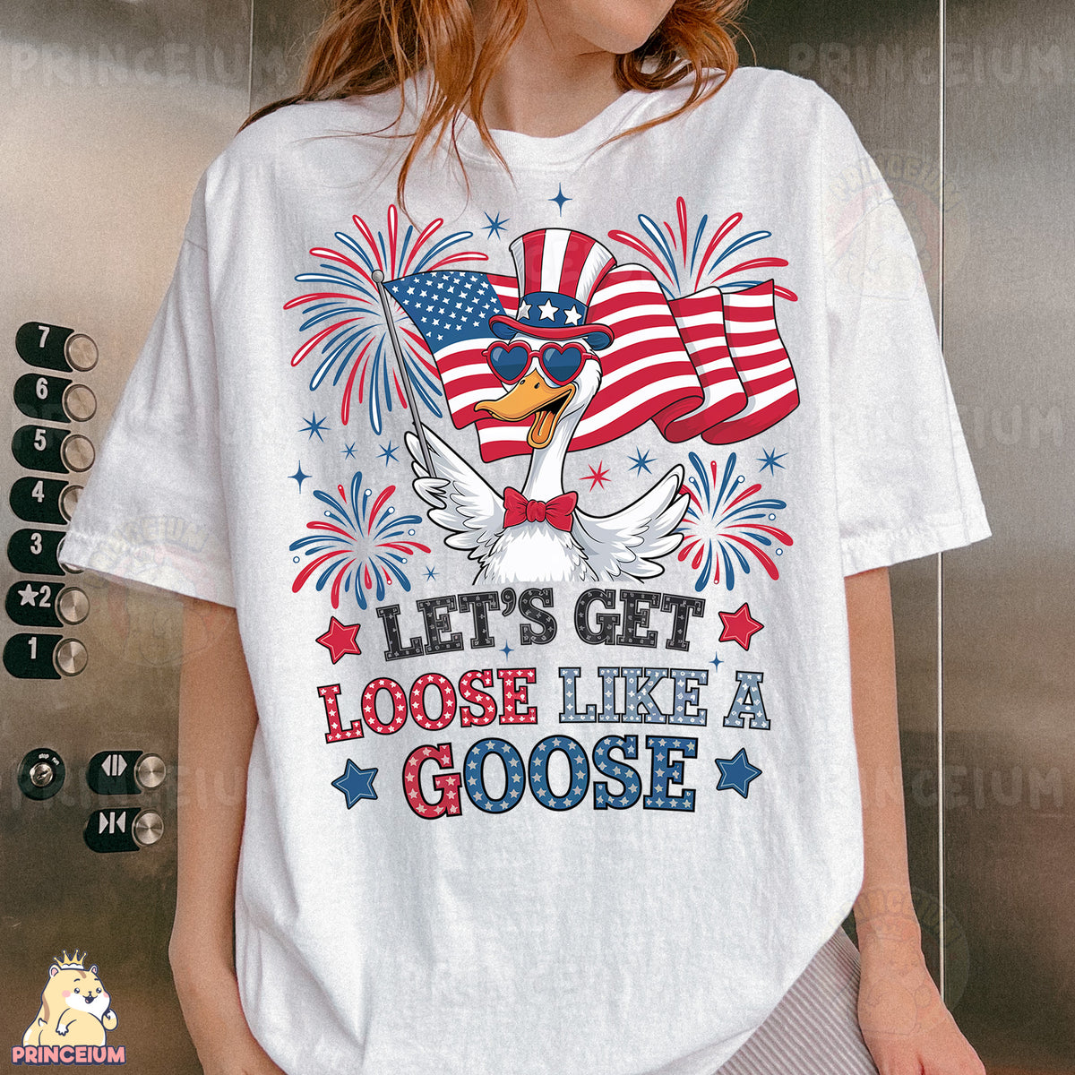 a woman wearing a patriotic t - shirt that says let's get loose like