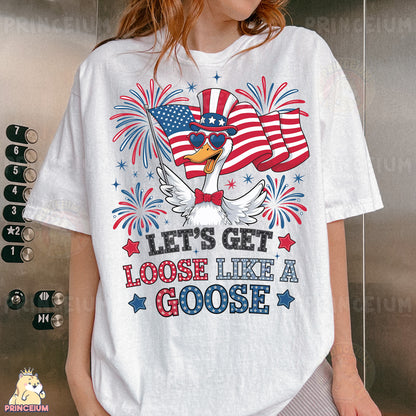 a woman wearing a patriotic t - shirt that says let's get loose like