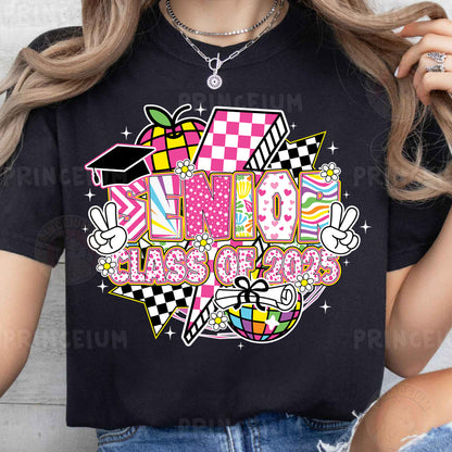 a woman wearing a black shirt with a pink and yellow checkered design
