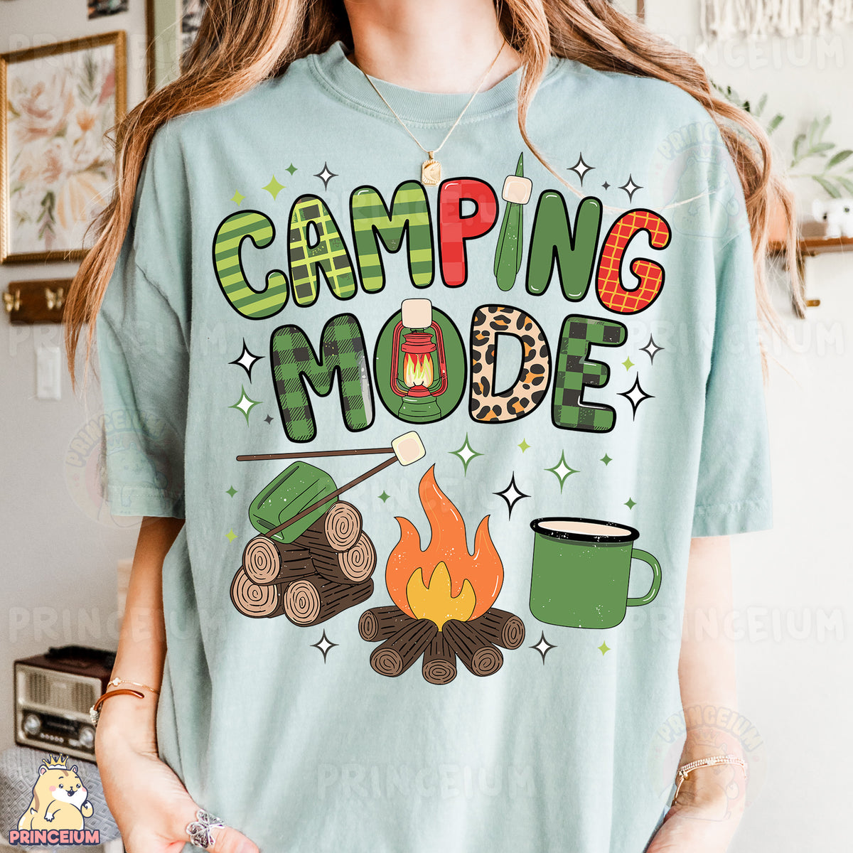 a woman wearing a t - shirt that says camping mode