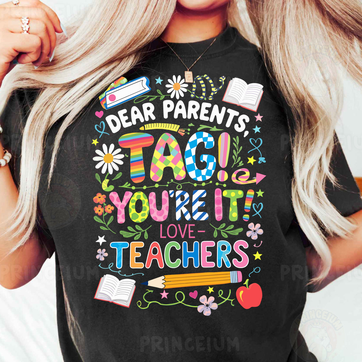 a woman wearing a t - shirt that says dear parents tag you're it