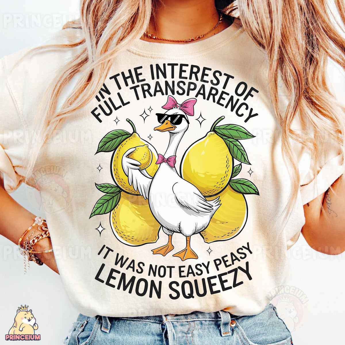 a woman wearing a t - shirt with lemons on it