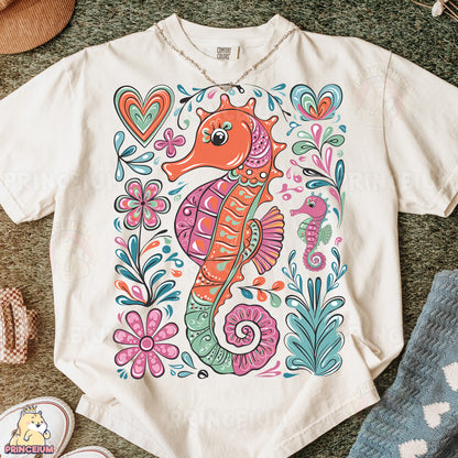 Colorful Seahorse PNG | Boho Floral Ocean Animal Sublimation Design