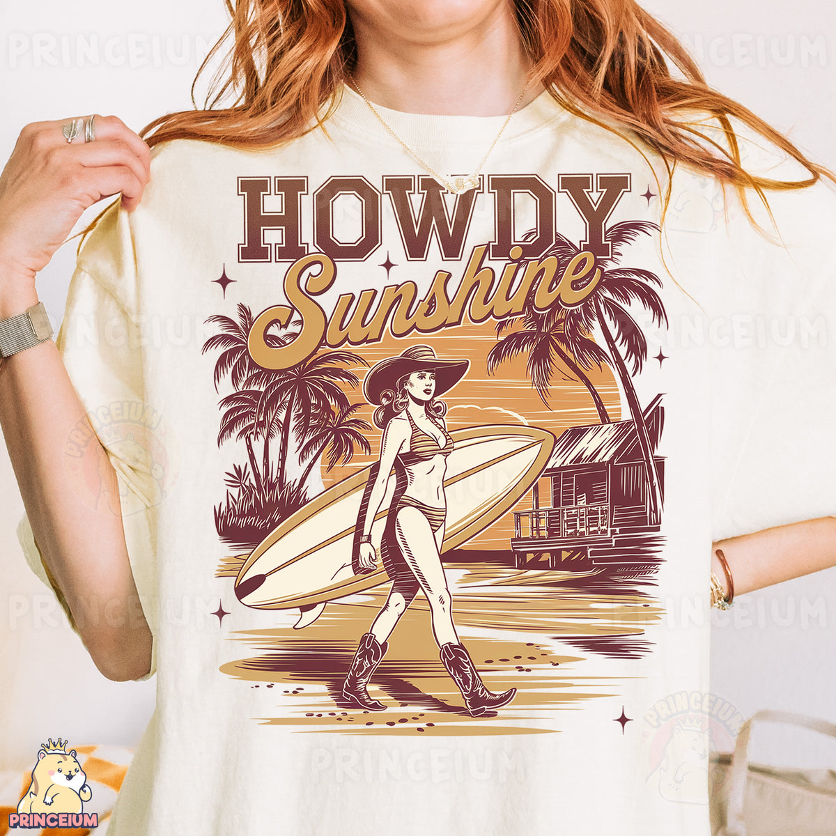 a woman wearing a t - shirt that says howdy sunshine