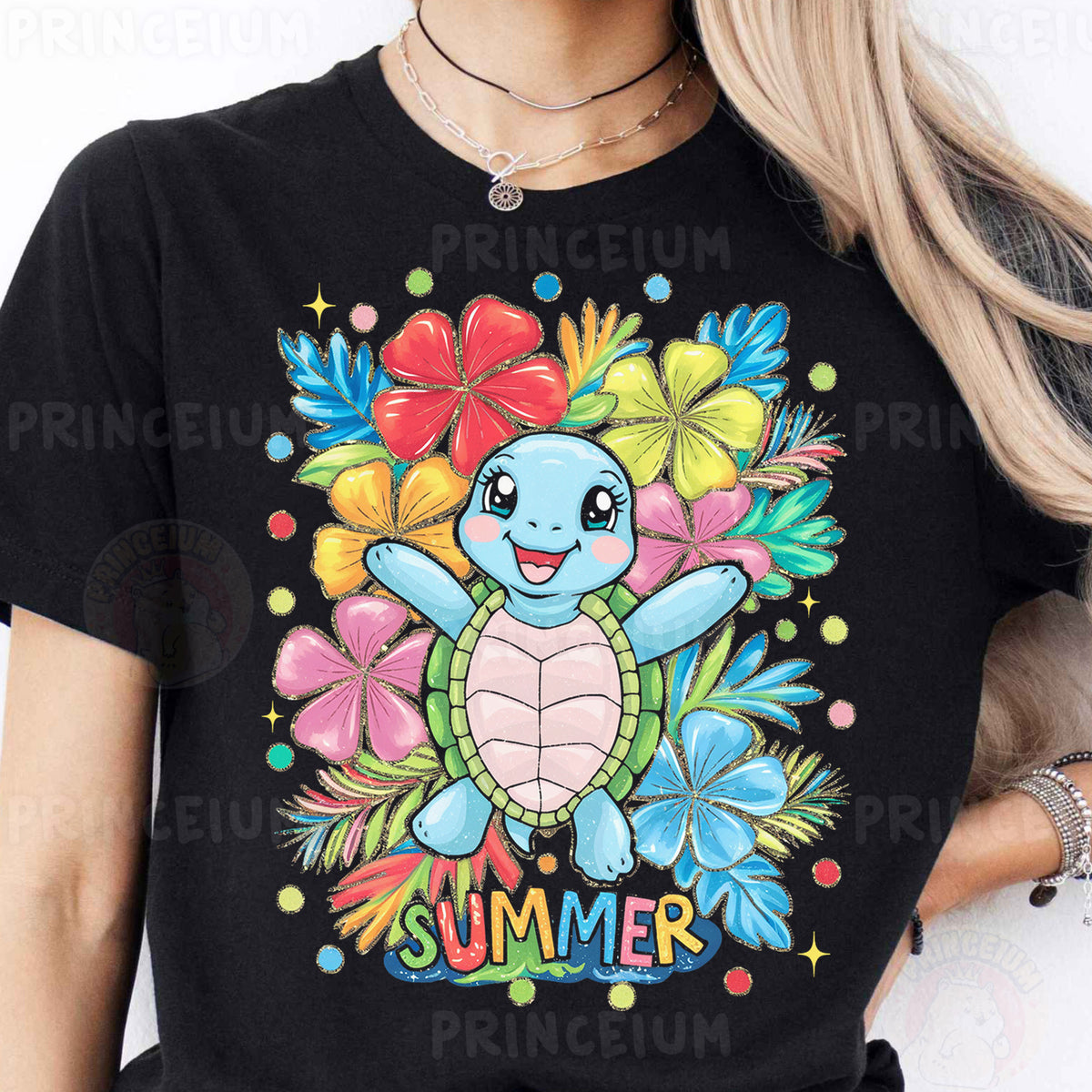 a woman wearing a black shirt with a turtle on it